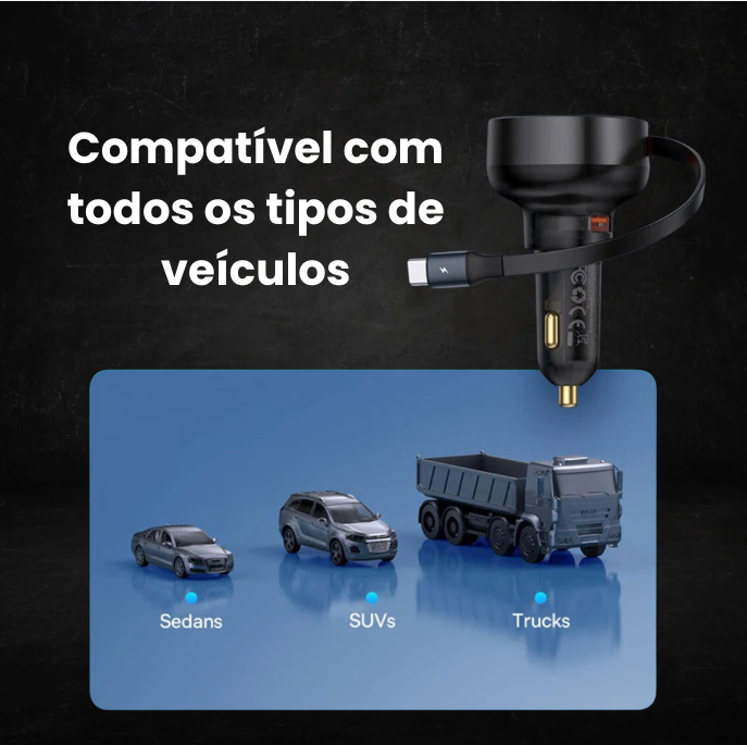 Carregador 60W Carro Tech - Cabo Retrátil